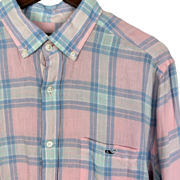 Vineyard Vines | Classic Fit Tucker Pink Blue Plaid Linen Button Down Shirt - Picture 1 of 7